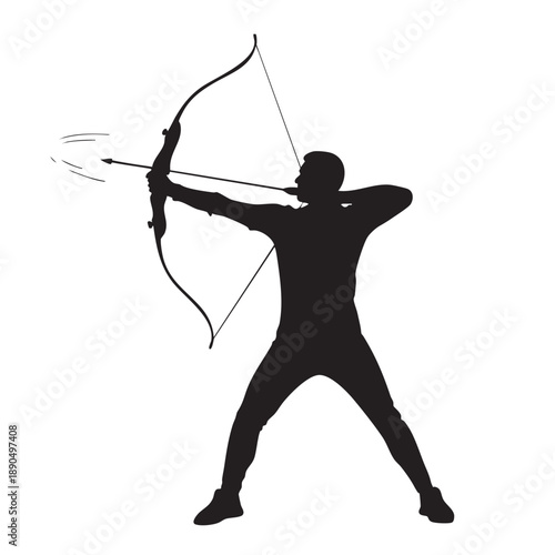 Silhouette of man shooting bow and arrow, releasing an arrow in motion, side view isolated black vector illustration on white background, depicting accuracy and swiftness in archery