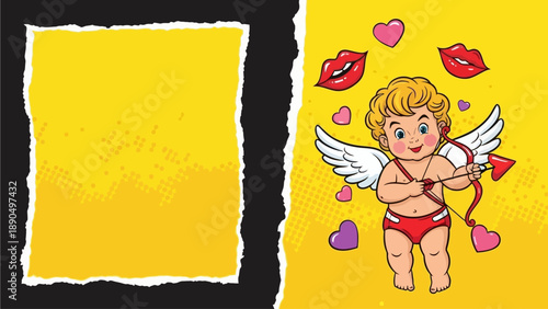 A cartoon cupid surrounded by hearts and lips on a yellow background with a blank space