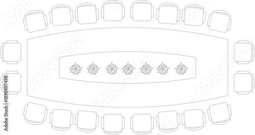 Technical vector illustration of a large oval conference table layout from a top view, featuring eighteen chairs and decorative centerpieces.