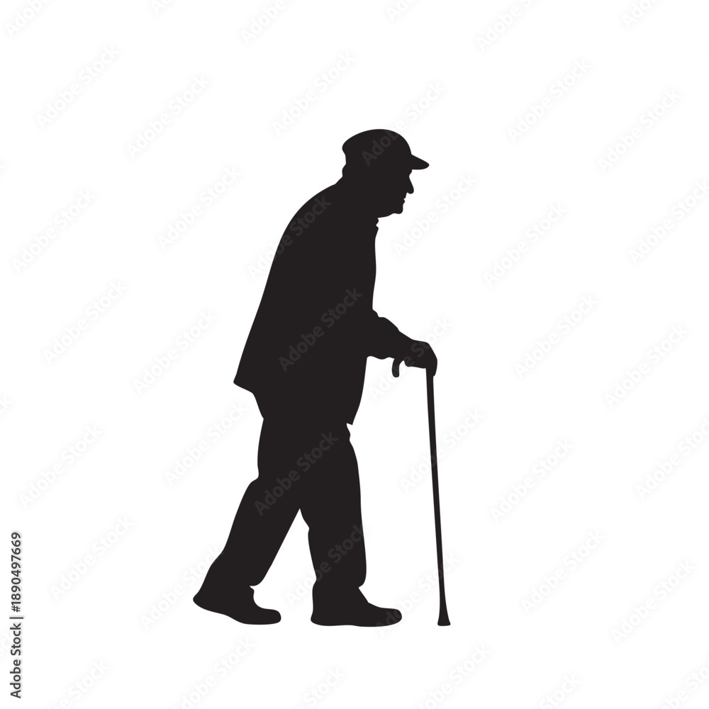 Fototapeta premium Elderly Man Silhouette Walking Cane Senior Citizen Lifestyle Old Age Mobility Aid Vector Graphic Design