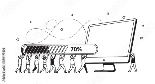 People carrying large progress bar towards computer screen showing 70 completion in minimalist black and white illustration