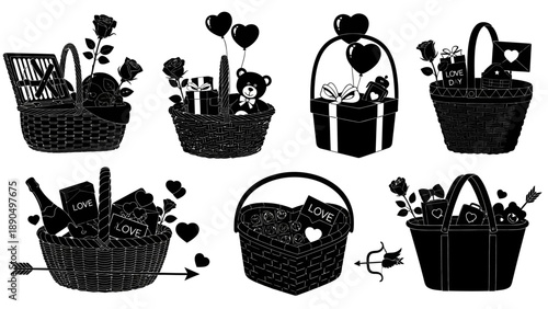 Various black baskets with different items and hearts floating around them in a collection of illustrations