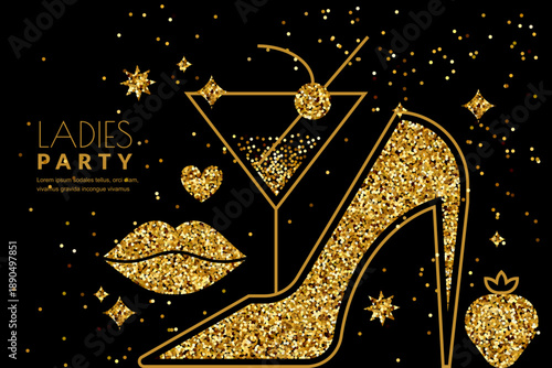 Ladies cocktail party banner. Vector golden glitter martini cocktail, heels, lips kiss. Night fashion event design