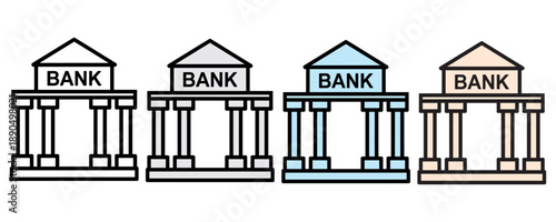 A set of four stylized bank building icons showcasing different color schemes
