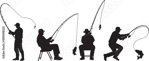 Collection of Black Silhouettes Featuring Men Fishing in Various Poses Including Sitting and Standing With Fishing Rods and Catching Fish Isolated on White Background
