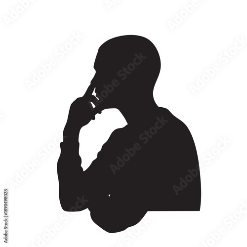 Man Silhouette Thinking Pose Finger on Nose Side Profile Thoughtful Male Gesturing Contemplation