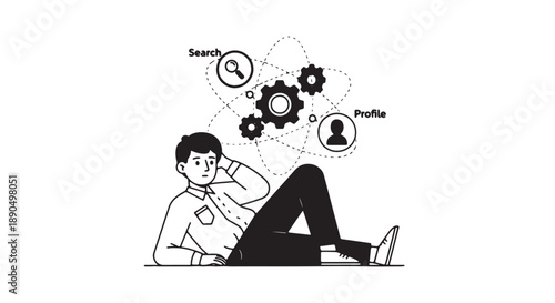 Man lying down contemplating search and profile icons with gear symbols in a minimalist illustration style