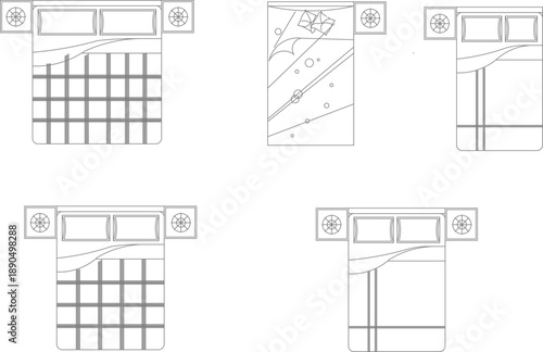 Technical vector illustration featuring various bed layouts from a top view, including single and double beds with symmetrical bedside tables.