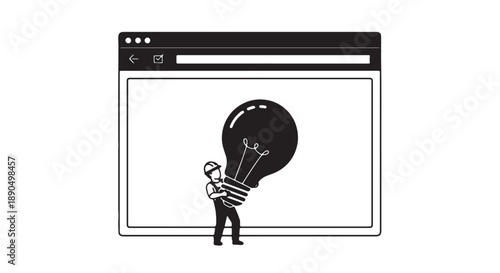 Man holding large lightbulb in web browser window symbolizing innovative idea or solution