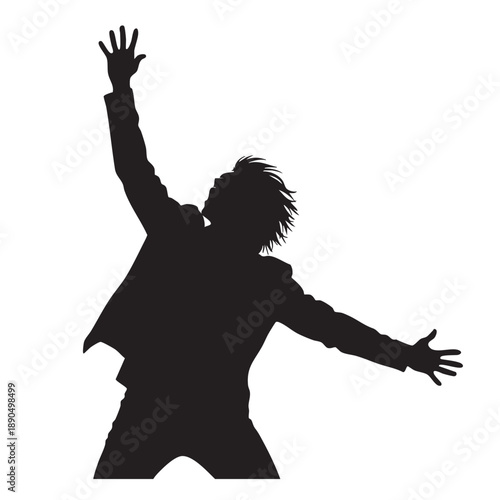 Man with Arms Raised in Ecstasy Silhouette Isolated White Background Vector Illustration Expressing Joy Excitement Success Enthusiasm Black Figure