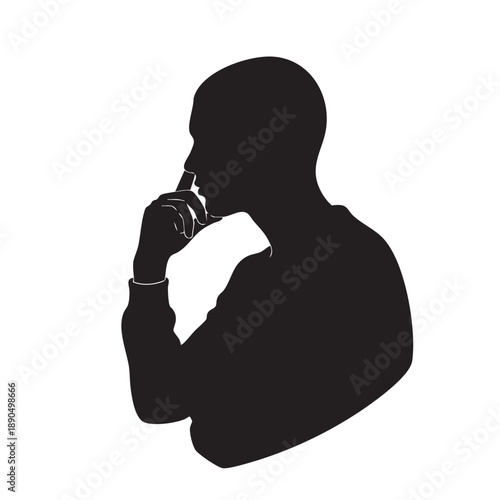 Silhouette man contemplating with finger near nose thoughtful pose isolated white background conceptual graphic element