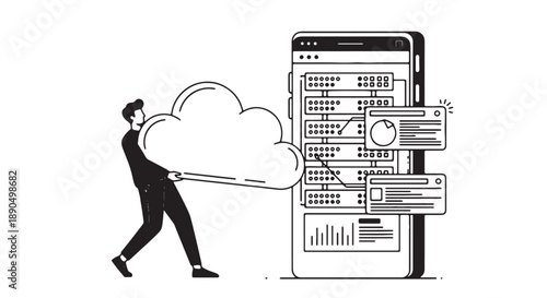 Man pulling cloud with data analytics and graphs on mobile phone screen