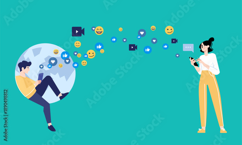 Global Digital Communication Characters with Smartphone and Tablet Exchanging Social Media Icons on World Map Background