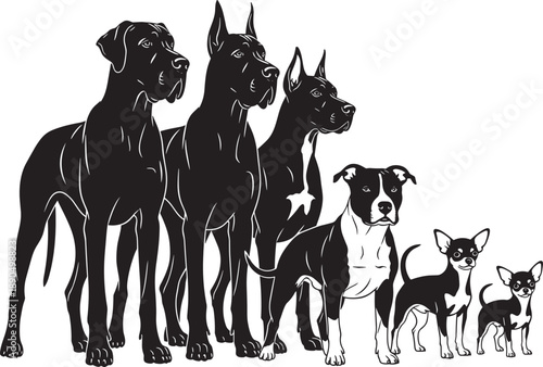 Collection of Diverse Dog Breed Illustrations Featuring Great Danes Pitbulls and Chihuahuas in Black and White Silhouette Style Isolated on a Clean White Background