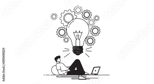 Man sitting with laptop has creative idea lightbulb moment with gears