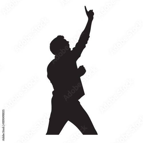 Man Pointing Upwards with fist clenched Silhouette Isolated White Background Vector Illustration Expressing Victory Determination Success Inspiration Black Figure