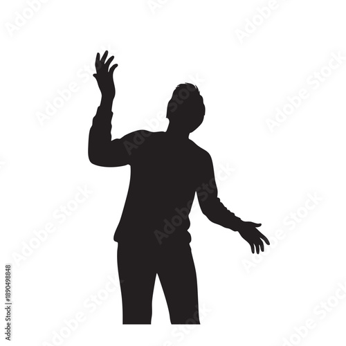 Silhouette man with open hands raising arm expressive pose looking up isolated white background conceptual graphic element