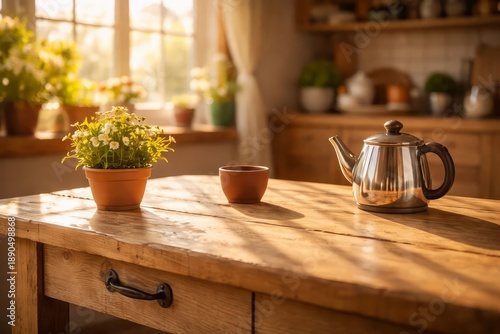 Wallpaper Mural Cozy kitchen table with potted plant ceramic cup and metal kettle on rustic wooden surface warm sunlight through window Torontodigital.ca