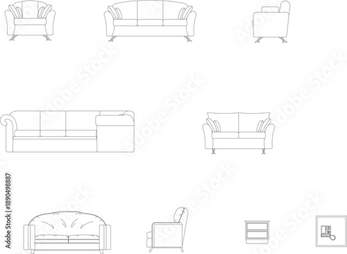 Technical vector illustration of various sofa designs in front and side elevation views, featuring modern and classic upholstered styles.