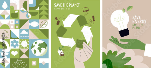 Eco Friendly and Sustainability Vector Poster Set Recycling, Earth Day and Save Energy Concepts with Nature Icons