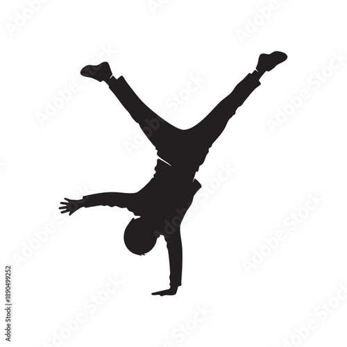 Breakdancer performing handstand silhouette dynamic acrobatic pose black and white isolated vector graphic for urban dance