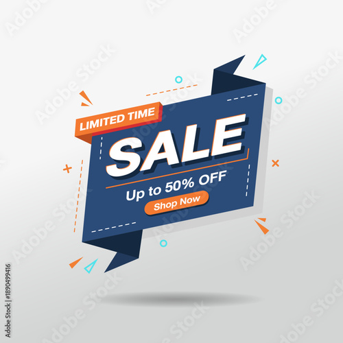 Limited Time Sale Banner: A vibrant sale banner with a clear message, offering a limited-time discount of up to 50% off, encouraging viewers to shop now