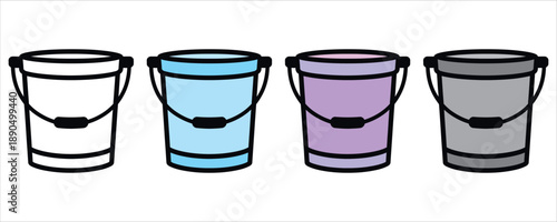 A vibrant line of four colorful buckets, perfect for various cleaning or gardening tasks