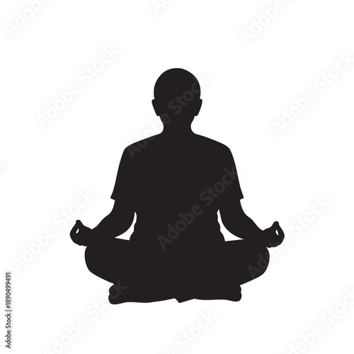 Silhouette male man sitting in lotus pose meditating practicing yoga with Gyan Mudra hand gesture vector illustration spiritual wellness relaxation mindfulness