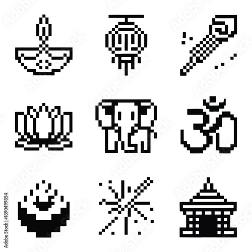 Pixelated diwali icons collection including religious symbols such as om and temple with elephant and oil lamp plus firecracker and lotus flower for retro video game style design
