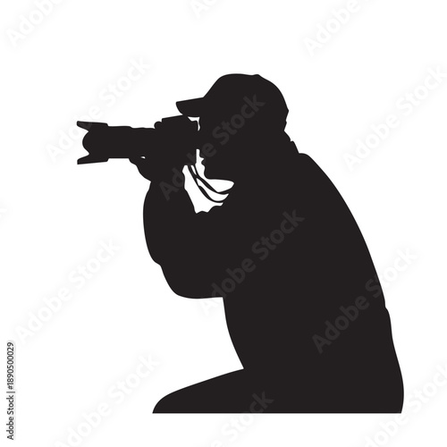 Professional Photographer Silhouette Crouching with Large Camera Telephoto Lens Isolated Vector Icon Black on White Background Capturing Moments Photography Hobby Profession