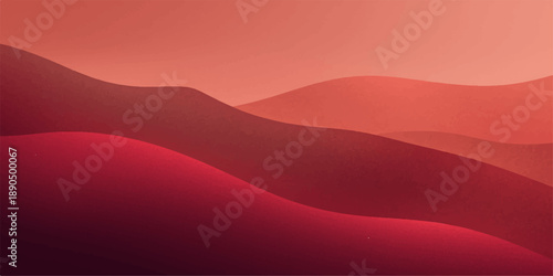 A vibrant landscape illustration of a red silk velvet mountain range under an orange sunset sky where desert sand waves meet a golden sunrise cloud design