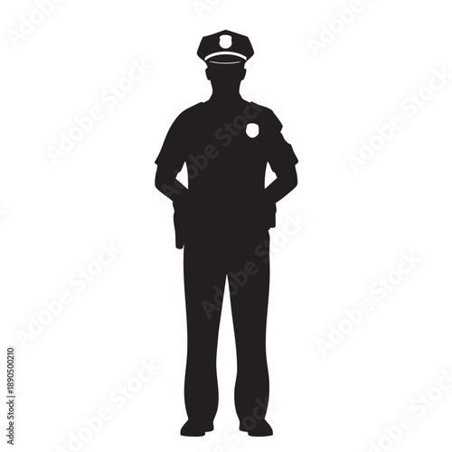 Police Officer Standing Silhouette Full Front View Uniformed Law Enforcement Agent Black on White Background Symbol of Justice Order Public Safety