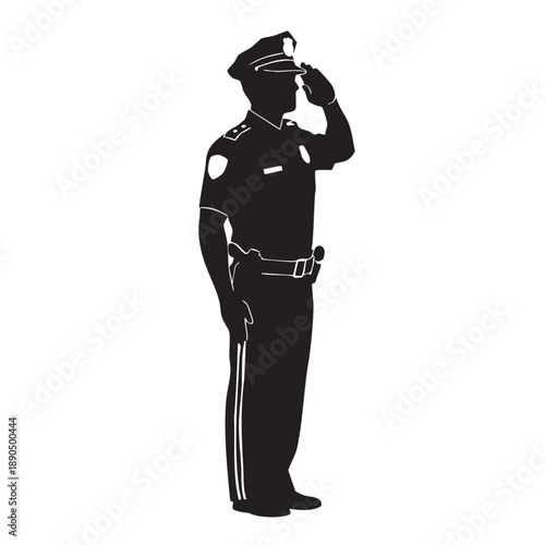 Police Officer Saluting Silhouette Side View Uniformed Law Enforcement Agent Black on White Background Gesture of Respect Honor Service