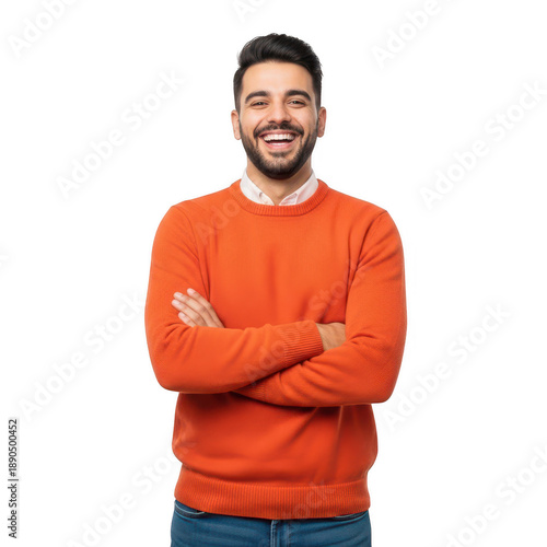 Joyful young man in orange sweater isolated on transparent background