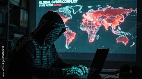 Cyber Intrusion: An anonymous hacker, shrouded in shadows, engages in cyber conflict against a global map, embodying the dangers of digital warfare and cyber espionage.