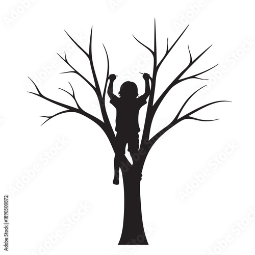 Child silhouette climbing bare tree branches outdoor play adventure exploration childhood recreation activity nature scene simple graphic