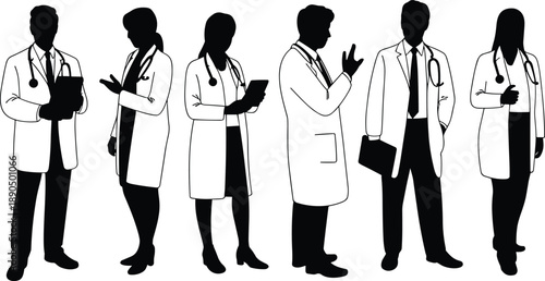 Silhouette group of doctors and nurses standing together with medical tools for healthcare teamwork hospital staff and professional medicine concept illustration isolated white background