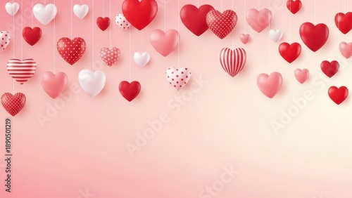 Assortment of hanging heart ornaments on pink background