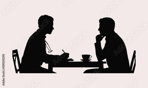 Silhouette illustration of doctor consulting patient with clipboard during medical checkup for healthcare diagnosis communication and clinical treatment 