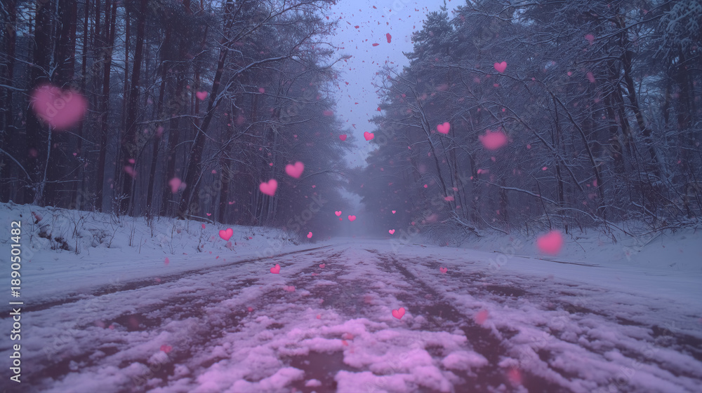 Fototapeta premium Glowing pink hearts and pink snowflakes against the background of snowy winter forest road at dawn. Love and Valentine's day theme. 