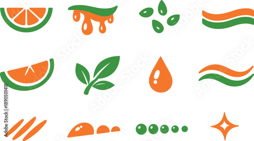 Two-Color vector icons of juicy produce: fruit arc, dripping juice, seed marks, rind band, curved slice, sprig leaf, tiny droplet