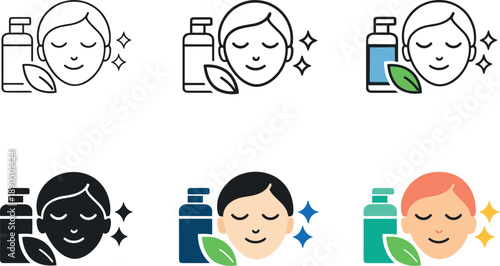 Personal skincare habit symbol featuring a relaxed face combined with a lotion container and freshness elements representing