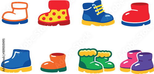Two-Color vector icons of tiny boots: mini boot outline, patterned boot, lace-up bootlet, round-toe boot; short ankle boot, micro