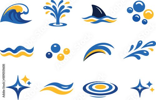 Two-Color vector icons of ocean elements: wave crest, spout spray, fin shadow, bubble dot, contour wave, tiny bead, arc flick,
