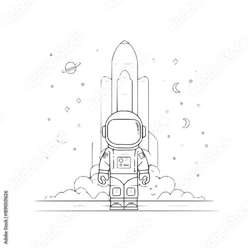 Astronaut space rocket ship cosmos galaxy stars planet moon exploration universe adventure drawing line art