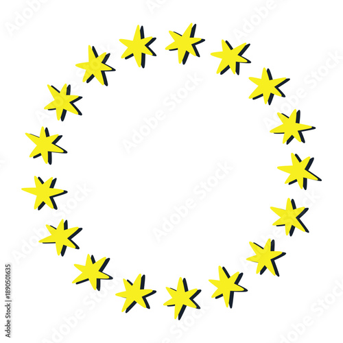 Stars wreath. Round Outline stars frame. Hand drawn doodle star element. Circular template. Vector flat illustration for apps, websites