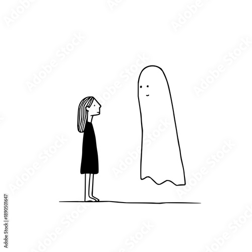 Girl ghost encounter halloween spooky drawing simple minimalist art black and white illustration cute cartoon design
