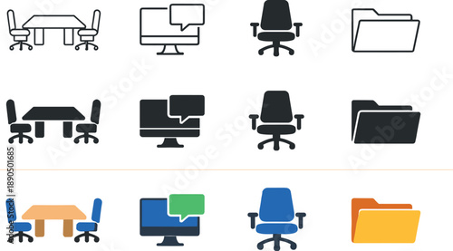 Desk for teamwork coordination, computer monitor for digital communication, office chair for collaboration presence, and file