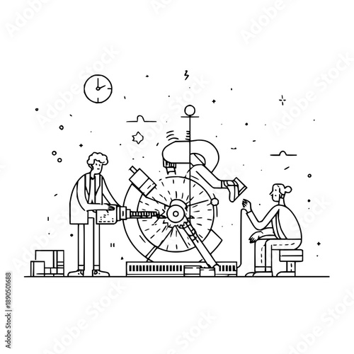 Teamwork collaboration machine engineering process innovation technology development and design illustration vector
