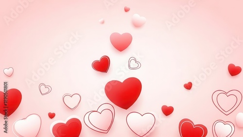 Valentine day greeting background with red and white hearts on soft pink gradient surface